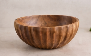 Artisanal Vertical Fluted Accent <b>Mango</b> <b>Wood</b> <b>Bowl</b> Decorative Salad Serving <b>Bowl</b> with Rich Walnut Finish - Product Image 5