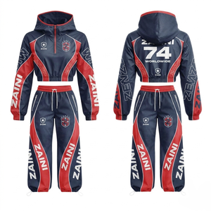 Ensemble coupe-vent pour femmes et hommes, tissu polyester premium 240 GSM, bleu marine, rouge, blanc, panneaux contrastés, logo personnalisé par sublimation, ensemble à capuche - Product Image 1