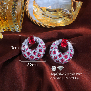 Boucles d'oreilles de luxe en moissanite rouge rubis, grappe halo ronde, en argent 925, bijoux de déclaration pour mariée et soirée - Product Image 4