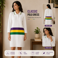 Robe décontractée d'été pour femme en maille piqué premium, style polo, longueur genou, manches 3/4, couleur unie, thème Mardi Gras, écologique, lavable, naturelle