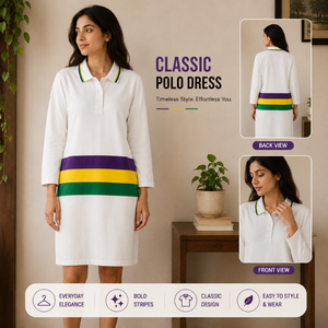 Robe en coton éponge de qualité supérieure pour femmes, style polo, longueur genou, manches 3/4, confortable, décontractée, pour le bureau, Mardi Gras - Product Image 4