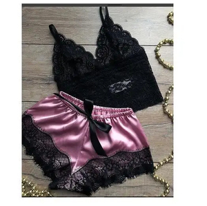 Women's 2-Piece Lace Sleepwear Set Black <b>Spaghetti</b> Strap Top Purple Satin Shorts Sexy Lounge Wear Summer Style - Product Image 4