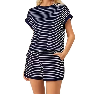 Women's Casual Fashion Loungewear Two-Piece Set Striped Color Block T-Shirt Matching Elastic Waist Pocket Shorts 100% Cotton for - Product Image 1