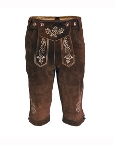 Lederhosen traditionnels pour hommes, en laine marron, taille haute, motif floral brodé, longueur capri, fermeture boutonnée, style Trachten - Product Image 5