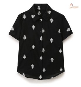 Camisa de Manga Corta con Bordado Geométrico Negro para Mujer, Blusa Informal de Popelina con Cuello Camisero - Product Image 1