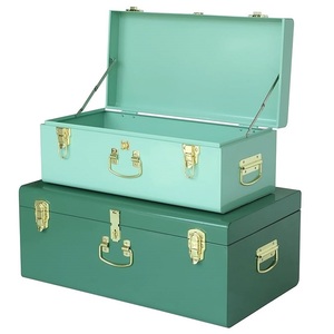 Boîte de rangement en métal bleu clair, couvercle à charnière rectangulaire, 1 couche, avec loquets et poignées en laiton pour articles divers, 80x65x38cm - Product Image 4