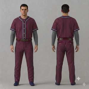 Conjunto de Uniforme de Béisbol para Hombre, Jersey a Rayas Color Granate, Pantalones con Cierre de Botones y Cinturón, Corte Regular, para Todas las Temporadas, Ropa para Adultos - Product Image 1