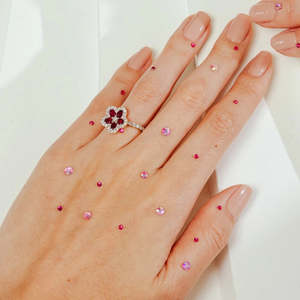 18K Gold Ruby Cherry Blossom Cluster Ring Resizable Cushion Cut Wedding Band - Product Image 2