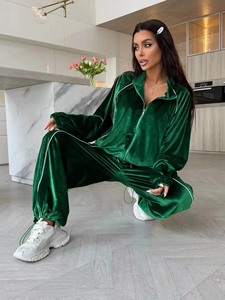 Conjunto Deportivo de Terciopelo para Mujer, Verde, Top con Cierre y Manga Larga, Pantalones Anchos, Corte Holgado, Color Sólido, para Todas las Temporadas - Product Image 6