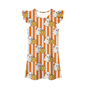Robe imprimée Halloween pour filles, manches à volants, coupe trapèze, motif fantôme et citrouille de dessin animé, mignonne, longueur mini, col rond, en mousseline - Product Image 1