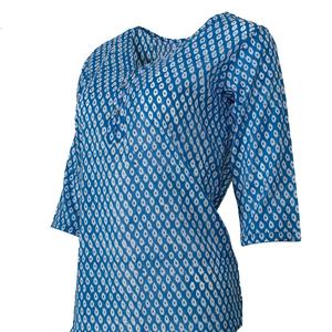 Haut KURTA mi-long style 11 blanc Ogee sur bleu vif, haut indien pour femme, haut en coton à col en V, manches courtes, cadeau pour elle - Product Image 2