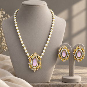 Wholesale Gold Plated Pink Stone <b>Pearl</b> Necklace Stud Earrings <b>Set</b> Customizable Artificial Jewelry - Product Image 3