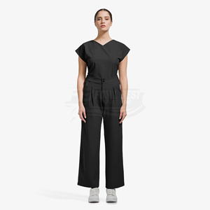 Ensemble de blouses médicales noires pour femmes, col en V, pantalon large, tricoté 100% coton, uniforme d'hôpital pour le personnel médical - Product Image 3
