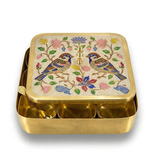 Handcrafted Brass Masala Box with Parrot Meenakari Art Decorative Spice <b>Storage</b> <b>Container</b> for Kitchen Dining Table Gift Use - Product Image 2