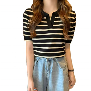 Nouveau cardigan d'été version coréenne, col en V, rayé, féminin, ajusté, manches courtes, pour femme de bureau, en maille nylon/coton - Product Image 6