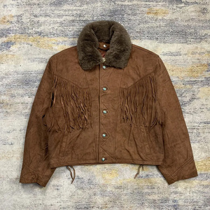 Authentic Vintage Western Cowboy Real <b>Suede</b> Leather <b>Jacket</b> Fringe Beaded Waterproof Windproof Classic Style High - Product Image 1