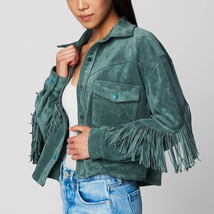 Premium Green Genuine <b>Suede</b> Women <b>Leather</b> Fringe <b>Jacket</b> Button Closure Type Back and Shoulder Fringes Customization Avaible - Product Image 2
