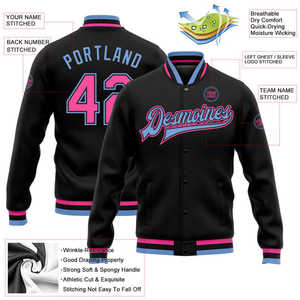 Custom Men's <b>Black</b> Varsity <b>Jacket</b> With Pink Blue Trim Personalized Name Number Front Logo Patch Design Autumn Casual Wear - Product Image 3