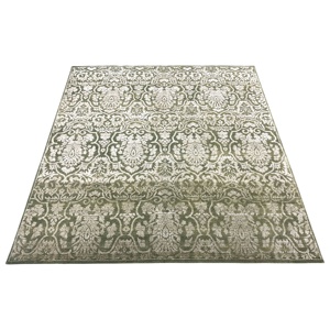 Tapis Damassé Fait Main en Laine et Soie Vert Argenté, Tapis de Luxe à Poils Courts avec Accents Marron - Product Image 2