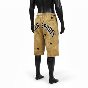 กางเกงขาสั้นผ้าฝ้ายฟลีซพรีเมียม 340 GSM ล้างสีแบบแอซิดวอช สีมัสตาร์ด แต่งโลโก้ปักเชนิลล์สไตล์วินเทจสำหรับผู้ชาย - Product Image 5