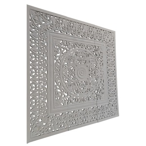 Juego de 3 cabeceros de cama de madera de ingeniería tallados a mano con mandala, estilo bohemio costero, acabado blanqueado, para montaje en pared. - Product Image 3