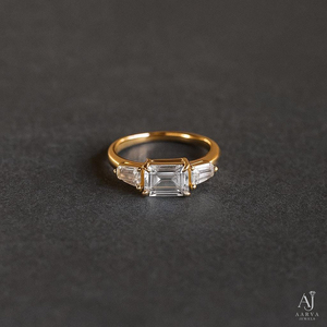 Women <b>Emerald</b> Cut Moissanite Three Stone <b>Ring</b> Lab Grown Diamond Inspired Engagement Wedding <b>Band</b> Gold Plated Rhodium Plated - Product Image 6