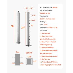 1 Pezzo Palo per Ringhiera in Acciaio Inox 36x2x2 con Foro Orizzontale, Palo per Ringhiera da Ponte con Fori Pre-Forati per Componenti Scale - Product Image 4