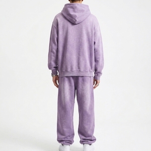 Men's Vintage <b>Purple</b> Hooded Acid Wash 2-in-1 Tracksuit Set Solid Color Full Sleeve Drawstring Sweatshirt Pants Regular Fit 100% - Product Image 2