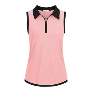 Polo sin mangas para mujer, color rosa con ribete negro, cremallera frontal, top deportivo informal - Product Image 1