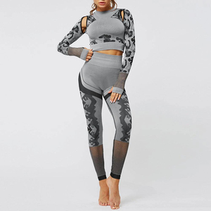 Women's 2 Piece Camouflage Yoga Set High Waist <b>Crop</b> <b>Top</b> Full Length Leggings <b>Mesh</b> Cut-Out Design Spandex Polyester Stretch Fit - Product Image 2