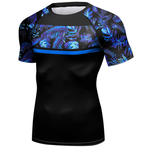 Men's <b>Black</b> Short Sleeve Rash Guard With Blue Tropical Print Quick Dry <b>Compression</b> <b>Shirt</b> For MMA Training - Product Image 6