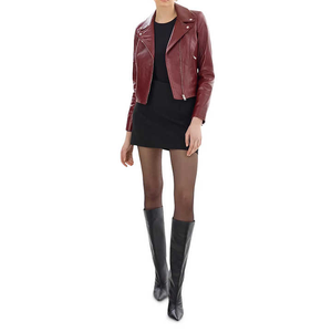 Chaqueta de Motociclista para Mujer, de Cuero Genuino, Impermeable y Resistente al Viento, Color Borgoña, Cierre Asimétrico, Cuello Camisero, Logotipo Personalizado OEM - Product Image 5