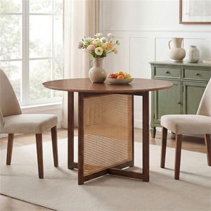 Tavolo da Pranzo Rotondo Moderno Stile Mid-Century da 95 cm per 2-4 Persone, in Rattan PE con Gambe in Legno di Gomma - Product Image 2