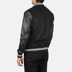 Chaqueta Bomber de Béisbol Universitaria para Hombre de Alta Calidad, Estilo Varsity Negro, Cuello Acanalado, Cierre de Botones, Bolsillos, 100% Algodón, Invierno - Product Image 2
