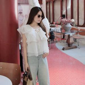 Custom <b>White</b> Chiffon Ruffle <b>Top</b> with High Waist Jeans Casual Women Set - Product Image 6