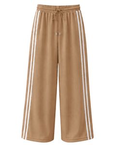 Manufacturer Custom Khaki Wide Leg Track Pants With White <b>Side</b> Stripes Women Casual Loose Fit Elastic Waist Streetwear Bottoms - Product Image 1