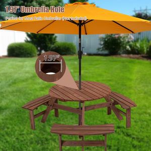 Table de pique-nique circulaire en bois pour 6 personnes avec 3 bancs intégrés pour terrasse extérieure, jardin ou parc, couleur marron - Product Image 6