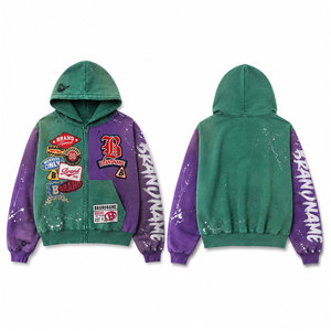 Sudadera con capucha y cremallera para hombre BRANDNAME, verde y morado, estilo urbano, corte holgado, manga regular, forro polar - Product Image 1