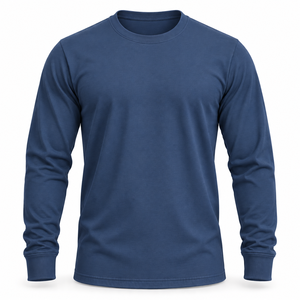 Men's <b>Long</b> Sleeve Crew Neck Solid Color 100% Cotton Regular <b>Fit</b> Casual <b>T</b>-<b>Shirt</b> Blue Knitted Fabric - Product Image 1