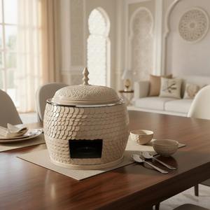 ถาดอุ่นอาหารทรงกลมสีดำสแตนเลสอย่างดี ทนทาน พร้อมฝาปิดลายนูน สำหรับบุฟเฟ่ต์ ป้องกันการติดอาหาร - Product Image 6