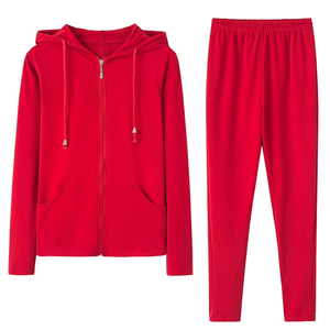 Women's <b>Red</b> Hooded Tracksuit Full Zip Long Sleeve Solid Color Casual Jogger Set With Side Pockets Breathable Cotton <b>Material</b> - Product Image 1