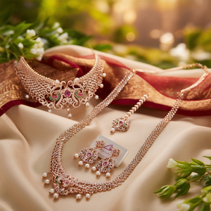 American Diamond Bridal Earring Set-Rose Gold & 24K Gold Plated Cubic Zirconia Designer Fashion Jewelry - Product Image 3