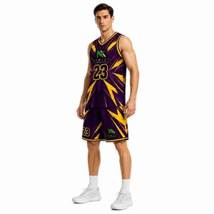 Ensemble d'uniformes de basketball personnalisés pour hommes, motif éclat de soleil, maillot et short en mesh par sublimation, tenue de sport d'équipe, équipement de match, vente OEM - Product Image 1