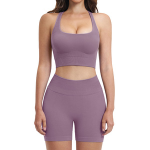 Conjunto de Yoga sin Costuras para Mujer, 2 Piezas, Pantalones Cortos de Cintura Alta, Top Corto, Ropa Deportiva, Color Sólido, Transpirable, Espalda Cruzada - Product Image 3