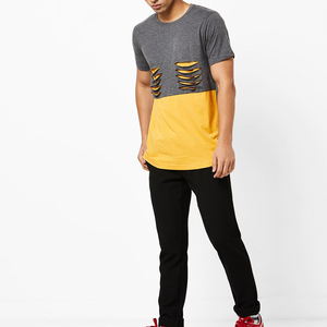 T-shirt décontracté à manches courtes et col rond gris et jaune pour homme, coupe ample, tricoté, 100 % coton, écologique et respirant - Product Image 1