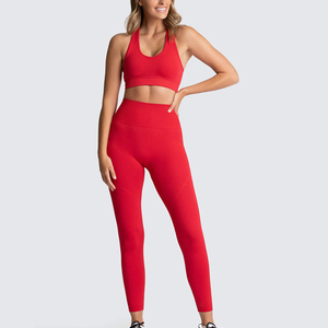 Ensemble de yoga côtelé pour femme : Crop top dos nageur col en V et leggings taille haute, manches longues, couleur unie, respirant, séchage rapide, devant - Product Image 6