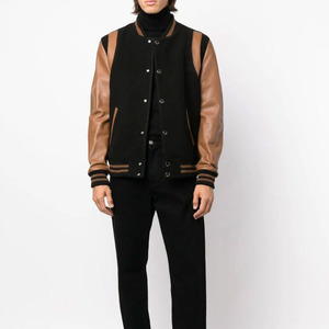 Custom Brand Merchandising Leather Varsity Bomber Jacket Leather Sleeves Premium Blank Design Button Closure Outdoor Use - Product Image 3