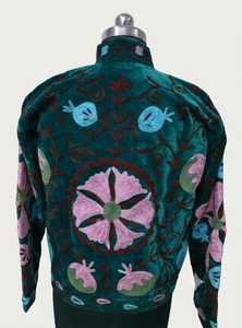 Green Velvet Embroidered Eco-Friendly Cotton Shell Women Bohemian Floral Pattern Stand Collar Open Stitch Full Sleeve <b>Winter</b> - Product Image 4