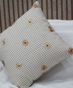 Beige Gingham Check Embroidered Daisy Cushion <b>Cover</b> 100% Linen Decorative Throw Pillow Case Farmhouse Cottage Home Decor - Product Image 4