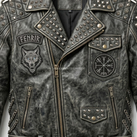 Blouson de motard en cuir gris vieilli pour homme, avec patch brodé motif loup et clous lourds, style punk rock, vêtement d'extérieur moto hiver 480g